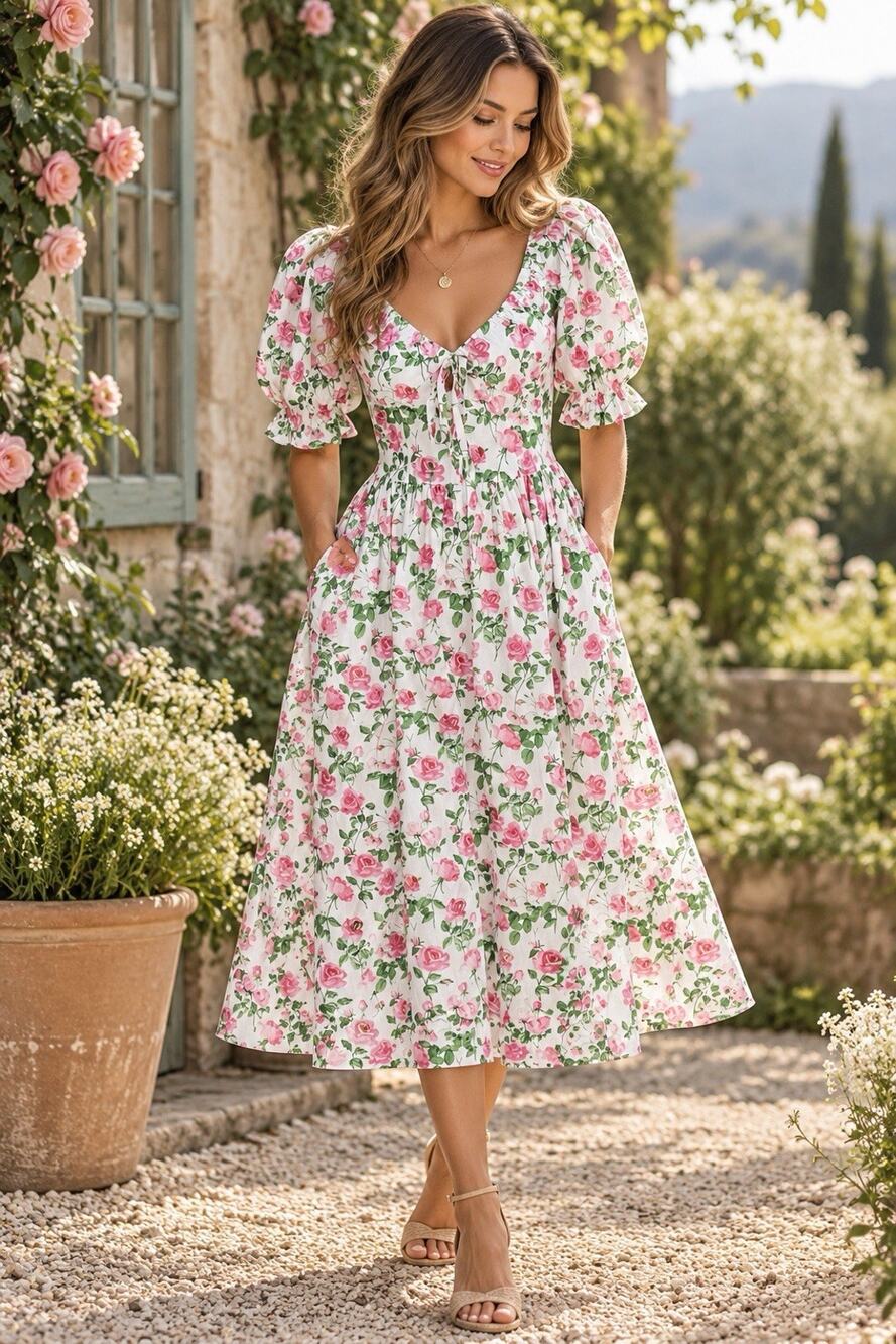 Hill House The Ophelia Pink Roses Poplin Midi Dress Romantic Garden Size Small